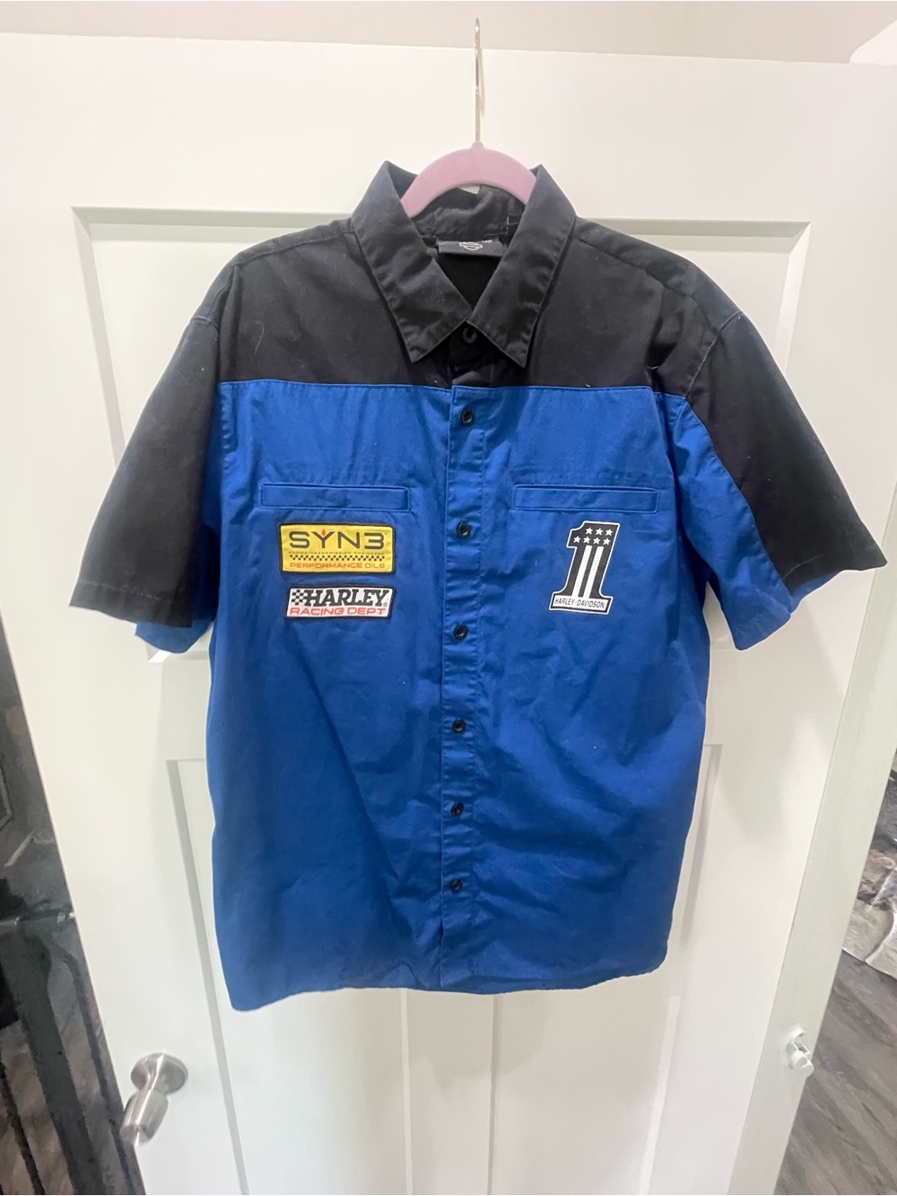 Harley-Davidson Blue and Black Short Sleeve Button-Up Work Shirt